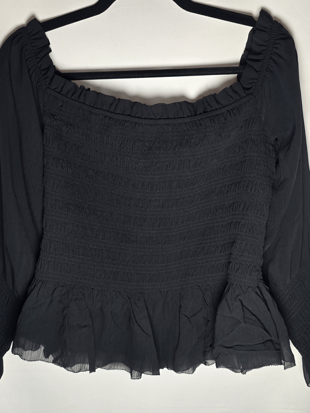 torrid Black Smocked Ruffle Hem Long-Sleeve Blouse, Sz 1 - Picture 2 of 7